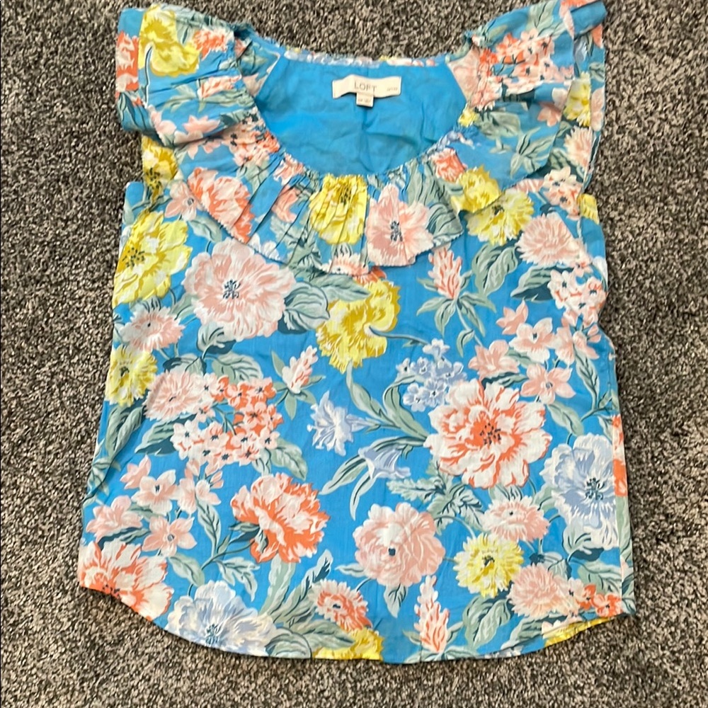 Floral Blue Blouse with Ruffle Sleeves